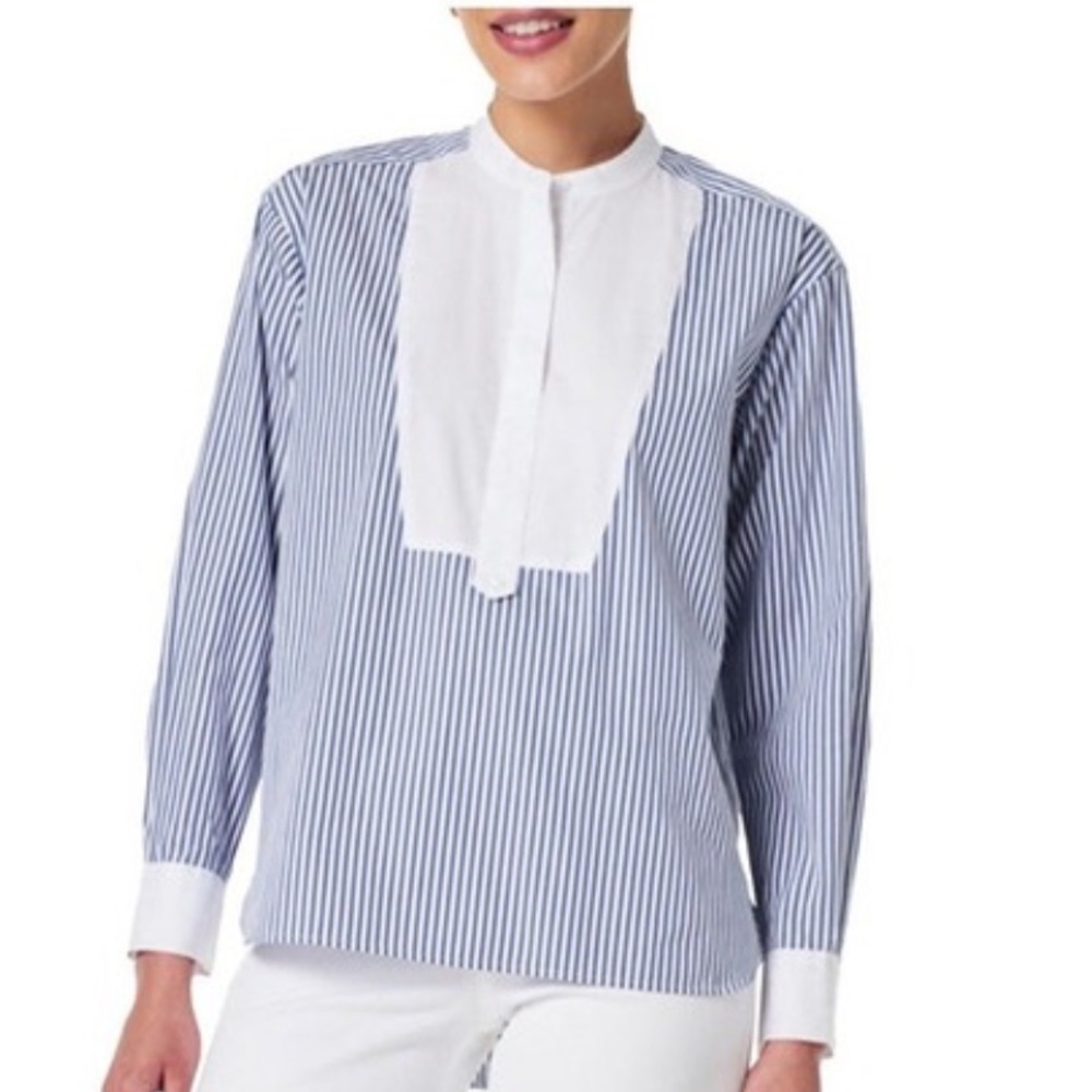 NWT Spanx poplin tuxedo shirt size XS Striped Blue and White long sleeve cotton